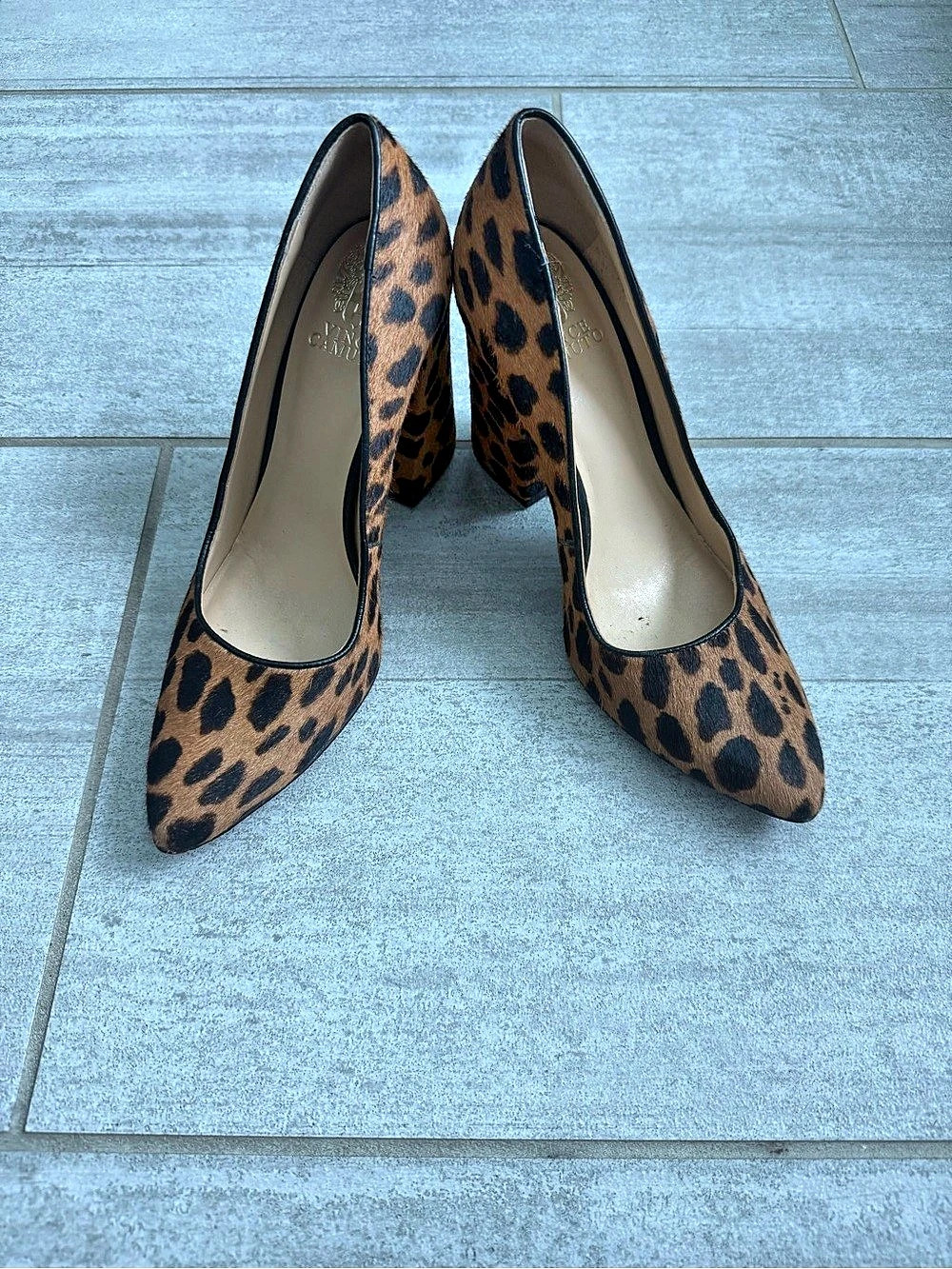 Vince Camuto Leopard Calf Hair Block Heel Pumps